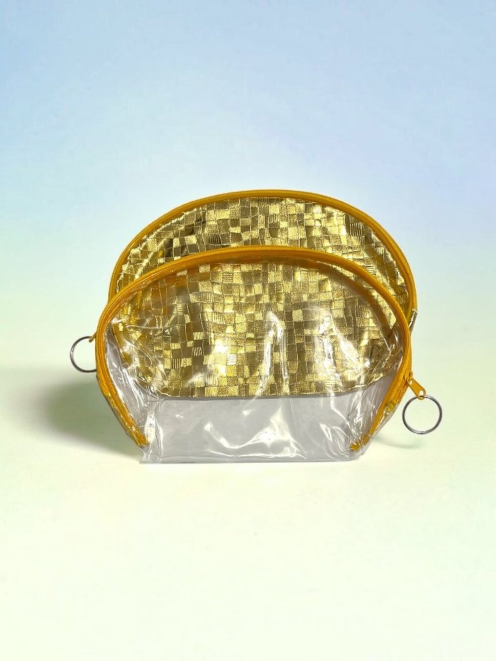 Yellow Metallic Look & Clear 2 Piece Large Zipper Cosmetic Bag Set